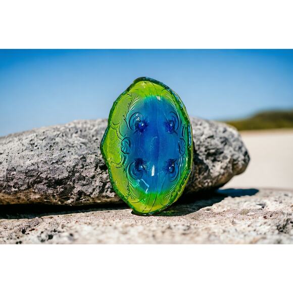 Jeannette Glass Green Blue Tri Footed Art Bowl-Vintage Centerpiece-Scalloped - Picture 2 of 8